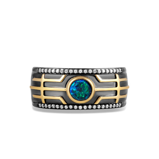 Men's Ring with Created Green Opal and 1/6 CT.TW Diamonds in 14K Yellow Gold and Black Rhodium over Sterling Silver