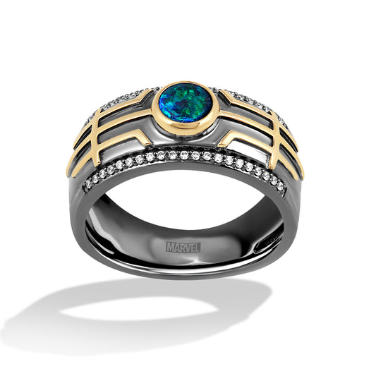 Men's Ring with Created Green Opal and 1/6 CT.TW Diamonds in 14K Yellow Gold and Black Rhodium over Sterling Silver