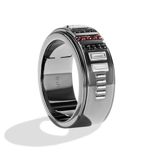 Men's Ring with Garnet and 1/10 CT.TW. Black Diamond accents set in Black Rhodium over Sterling Silver